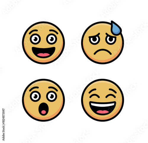 Four round yellow emoji faces depict various emotions, including joy, sadness, surprise, and laughter.