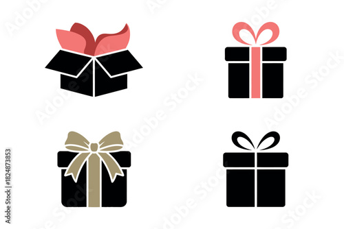 A collection of stylized gift boxes, some open and some closed, featuring ribbons and decorative paper.