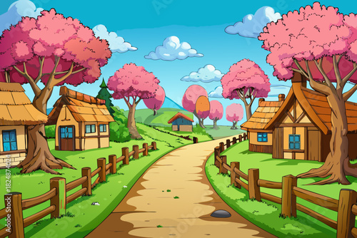 vector of Beautiful country road with thatched houses surrounded by pink trees with wooden fences and wooden benches placed along the path.