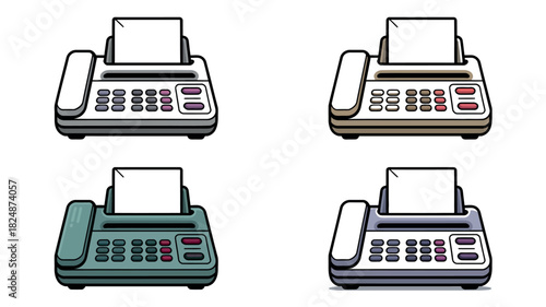 Four different colored fax machines are displayed in a collage.