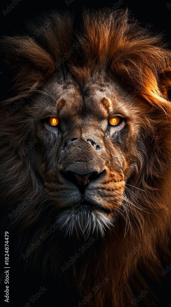 Fototapeta premium Intense close-up portrait of a powerful male lion. The king of beasts with glowing orange eyes and a scarred face on a black background