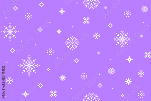 White pixel snowflake seamless pattern on purple background