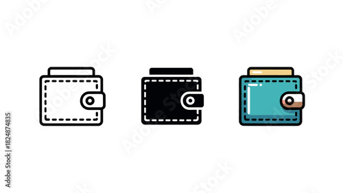 Three different wallet icons are displayed in a row, showcasing various styles and colors of the accessory.
