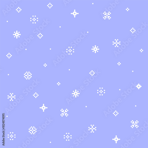 Soft pastel pixel snowflake seamless pattern on blue background