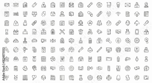Collection of hand drawn style icons representing various objects and concepts in black and white sketch