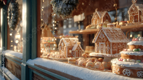 Magical winter wonderland gingerbread village displayed in a cozy shop window