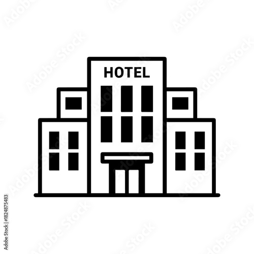 Minimalist illustration of a modern hotel building, representing accommodation and lodging services