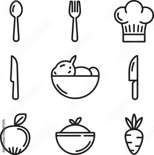 Minimal food-based icons including bowl, carrot, apple, pepper, and cooking tools. Ideal for recipe blogs, food delivery apps, and healthy lifestyle graphics.