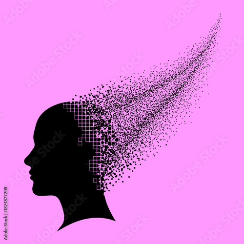 Dissolving head silhouette made of particles on pink background