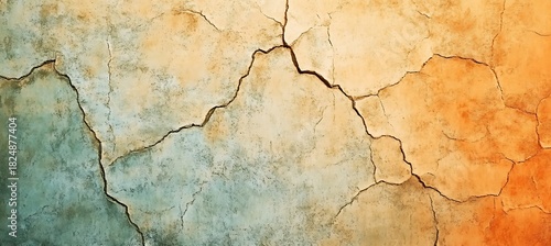 Close up of a cracked wall with orange and blue hues showing age and weathering on the surface texture
