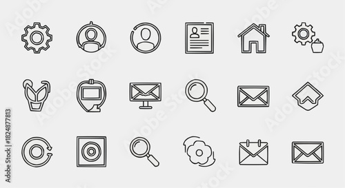 Collection of various line art icons including settings, profile, mail, and other common symbols