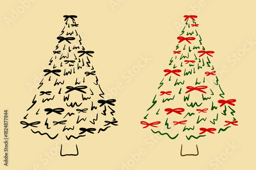 Christmas tree with red bows ornaments – aesthetic minimalist drawing