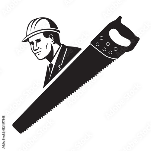 Construction worker silhouette, hand saw vector, carpenter icon, woodworking tool illustration, builder graphic design