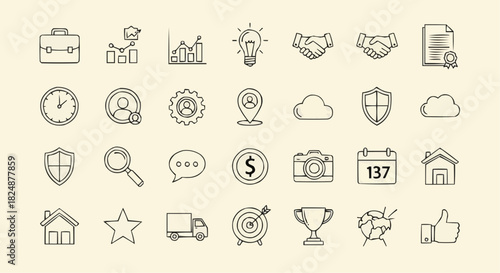 Illustration of business and office icons including charts, handshake, document, and other related symbols