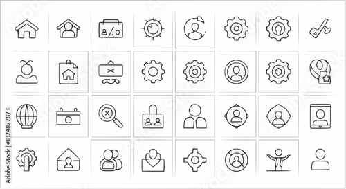 Collection of thirty six hand drawn style icons featuring people settings and other common interface symbols