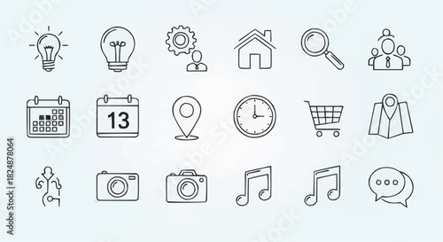Collection of various outline icons including lightbulbs calendar and camera and other common symbols