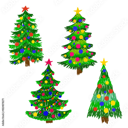 A set of hand-drawn Christmas trees. Cute, simple children's drawings. Isolated on a white background. Suitable for Christmas and New Year's decor, card design, etc. Vector illustration.