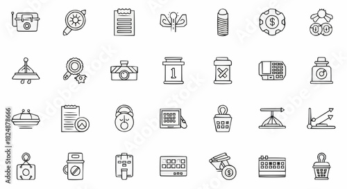 A collection of various line art icons including business, finance, and everyday objects arranged neatly