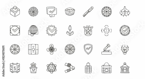 Collection of various outlined icons including checkmarks, targets, and abstract symbols design set
