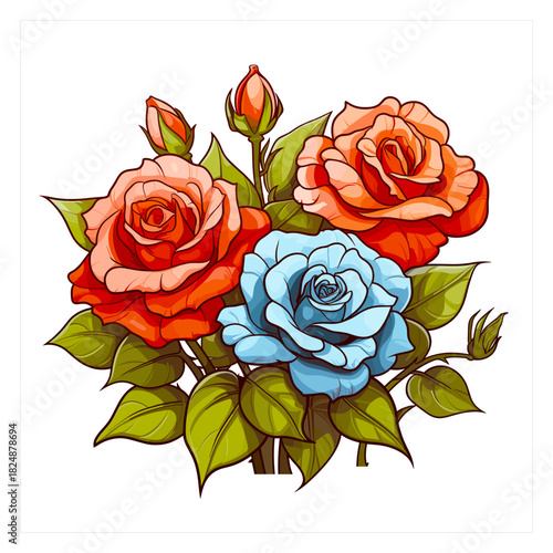 Beautiful vector illustration of a rose bouquet featuring two blooming orange-red flowers and one blue rose surrounded by fresh green leaves and buds on a white background.