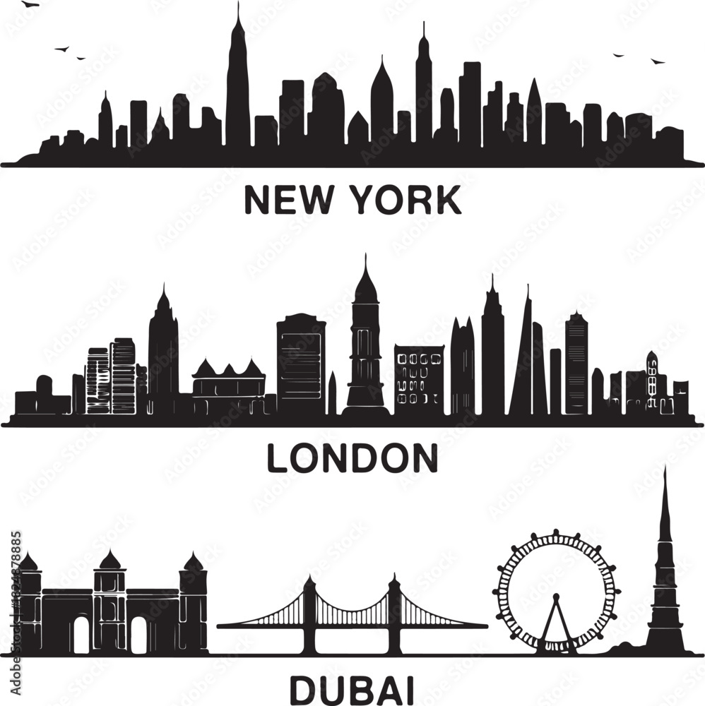 Fototapeta premium Clean black city skyline silhouettes featuring New York, London and Dubai landmarks. Perfect for travel designs, posters, banners, tourism and editorial use.
