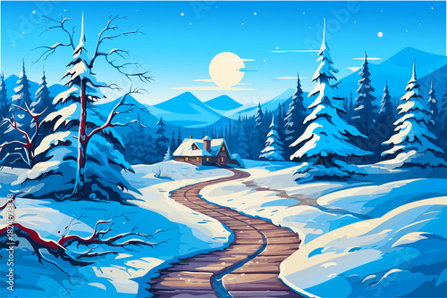 Beautiful winter vector landscape illustration featuring a winding wooden path leading to a cozy cabin in the distance, surrounded by snow-covered pine trees and blue mountains under a full moon