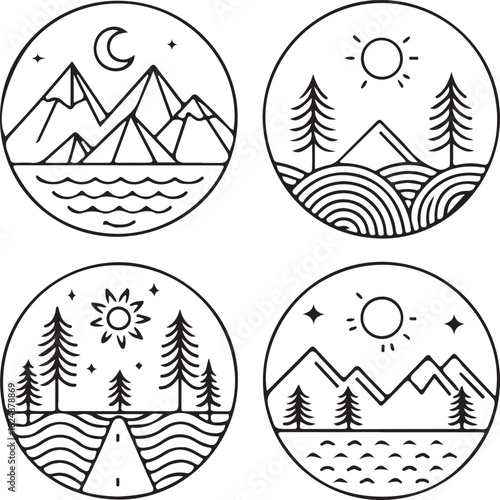 Camping Landscape Icons – Mountain, Forest and Nature Circular Badges