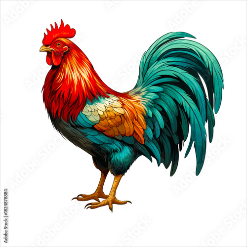 Stunning vector illustration of a majestic rooster with vibrant red and teal plumage standing proudly against a plain background, featuring detailed feather textures and a bright red comb