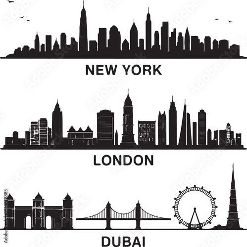 Clean black city skyline silhouettes featuring New York, London and Dubai landmarks. Perfect for travel designs, posters, banners, tourism and editorial use.