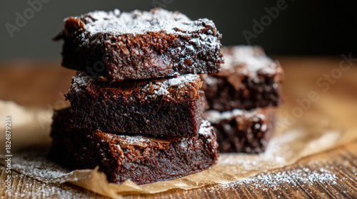 homemade chunky brownies with powdered sugar topping