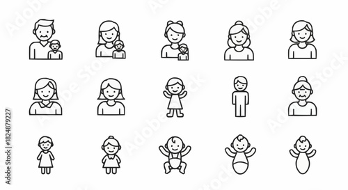 Illustration showing a variety of family members including parents children and babies in a simple style