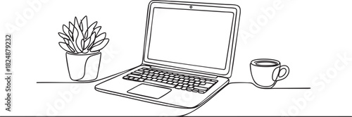 Minimalist Line Art Workspace with Laptop, Coffee Cup, and Plant