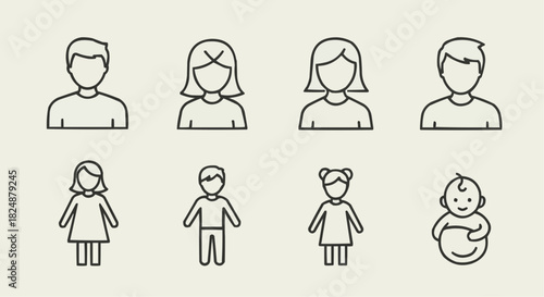 Illustration of a family represented by simple line drawings of two adults and four children icons