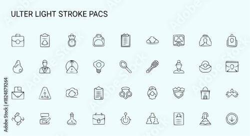 Illustration of a collection of various hand drawn icons with a light stroke style design set on a light background