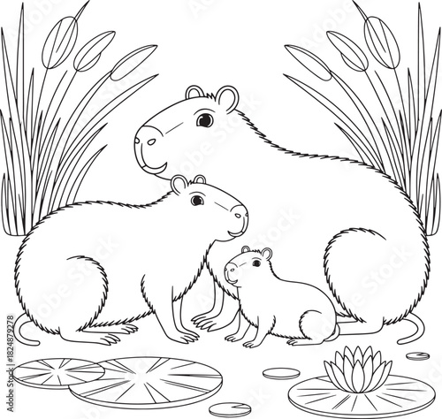 Capybara family resting by the water lily pond