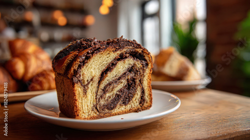 chocolate babka slice in cozy bakery setting with rich chocolate swirl