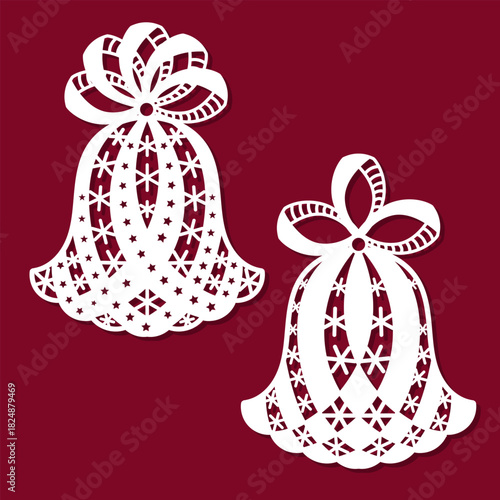 A set of Christmas bells. Template for laser cutting on paper, wood, and cardboard. Suitable for designing Christmas tree ornaments, Christmas and New Year cards, and interior decorations. Vector
