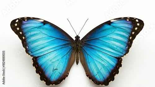 A breathtaking close-up showcases a vibrant blue butterfly with its magnificent wings fully open, presented against a pristine white background. The intricate patterns and iridescent hues of the delic