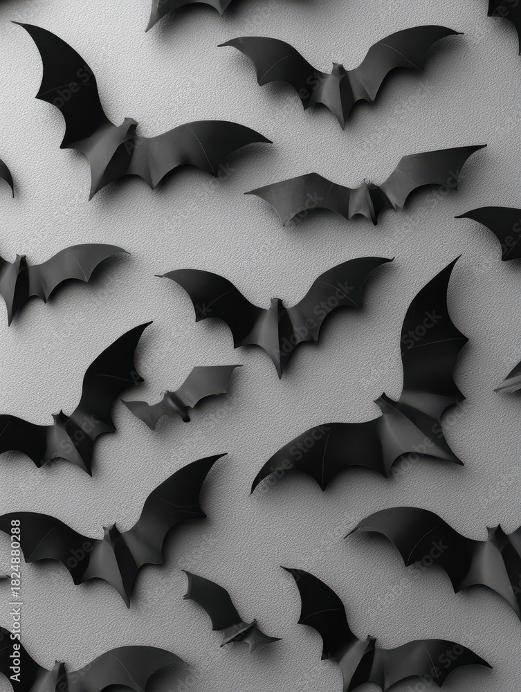 Fototapeta premium halloween decorations concept seamless pattern with black paper bats on grey background no logos no brands ar 34