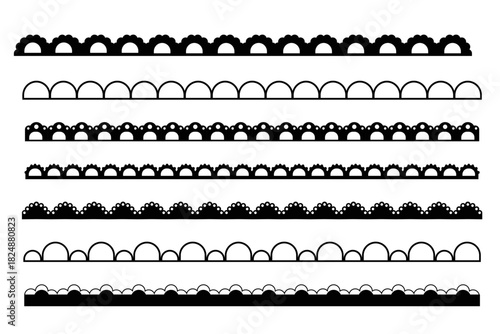 Scalloped border set simple cute divider geometric ornament edge cutout decoration. Fabric laces silhouette, textile frill stripe