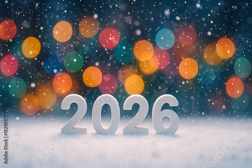 New Year's card 2026. Gray numbers on a background of colorful lights in the style of bokeh