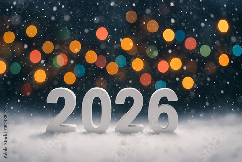 New Year's card 2026. Gray numbers on a background of colorful lights in the style of bokeh