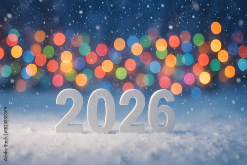 New Year's card 2026. Gray numbers on a background of colorful lights in the style of bokeh