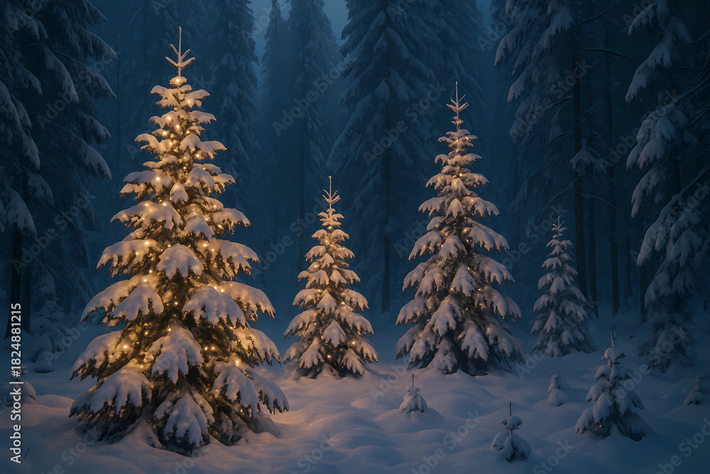Obraz premium New Year's card 2026. Wild Christmas trees on the background of a dark winter forest