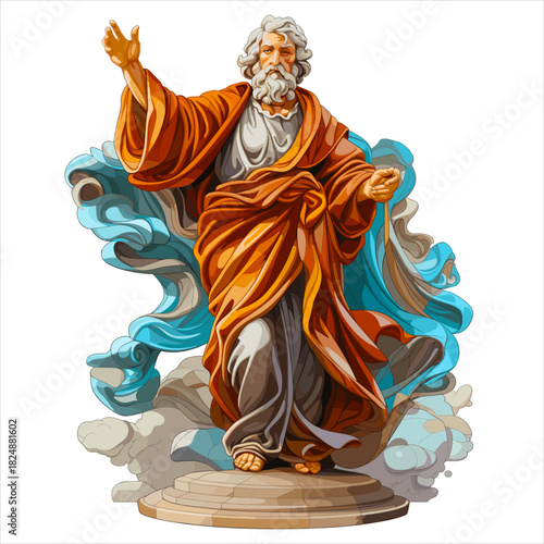 Vector illustration of a bearded mythological figure or prophet standing on a stone pedestal, wearing flowing orange robes, raising one hand, surrounded by stylized blue clouds in a dynamic graphic 
