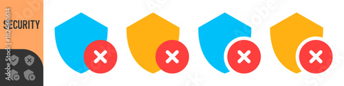 Set of colorful shield error icons for UI UX, apps, alerts and security warnings. Modern flat style symbols perfect for dashboards, notifications and system status indicators