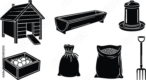 Silhouette farming equipment and storage vector icons set