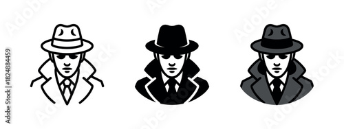 Three stylized icons depict a man in a fedora hat and trench coat, suggesting a detective or spy persona, with varying levels of detail and shading.