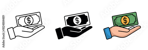 A hand holds a banknote with a dollar sign on it, representing financial transaction and wealth.