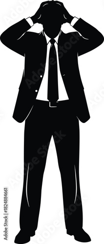 Businessman silhouette stressed holding head, workplace stress and frustration concept, corporate pressure and decision making illustration, cad drawing flat vector illustration